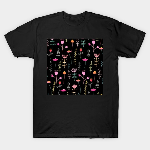 Repeating Floral Design in Bright Colors on Black T-Shirt by DesignIndex